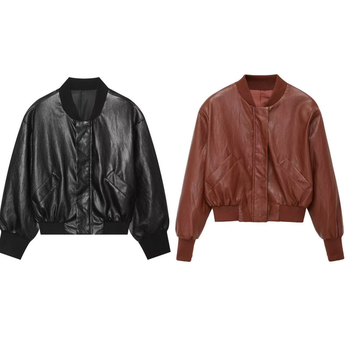 Ladies oversized bomber jacket in leather look with ribbed stand collar and balloon sleeves Fashion Glam