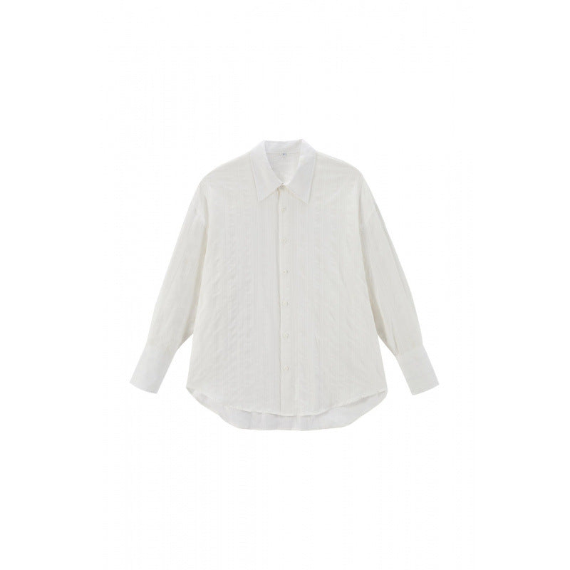 Unisex Oversize Linen Blend Shirt with Textured Stripes, Kent Collar and Rounded Hem Fashion Glam