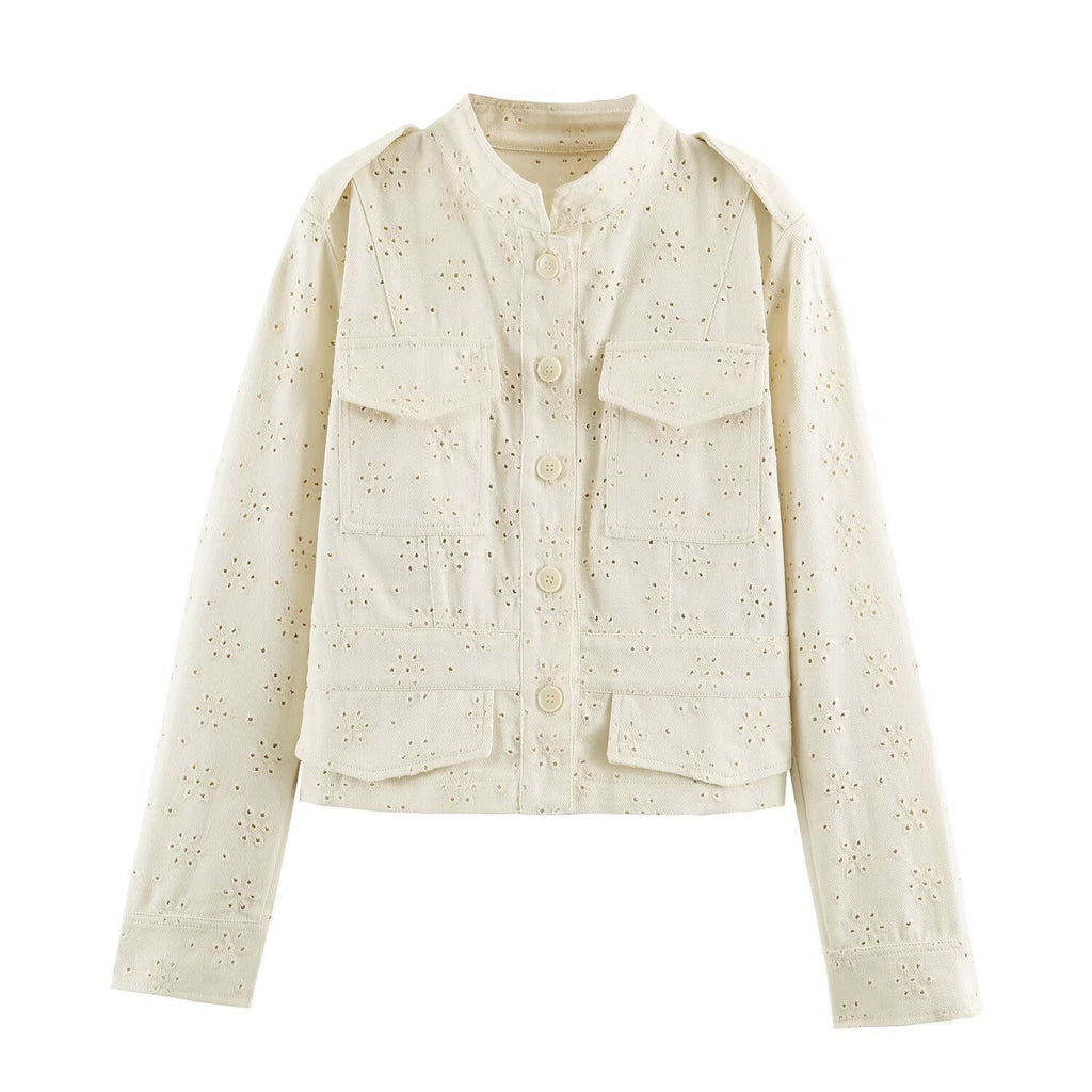 Women's short jacket made of lace embroidery with stand-up collar, utility pockets, and boxy cropped silhouette Fashion Glam