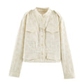 Women's short jacket made of lace embroidery with stand-up collar, utility pockets, and boxy cropped silhouette Fashion Glam