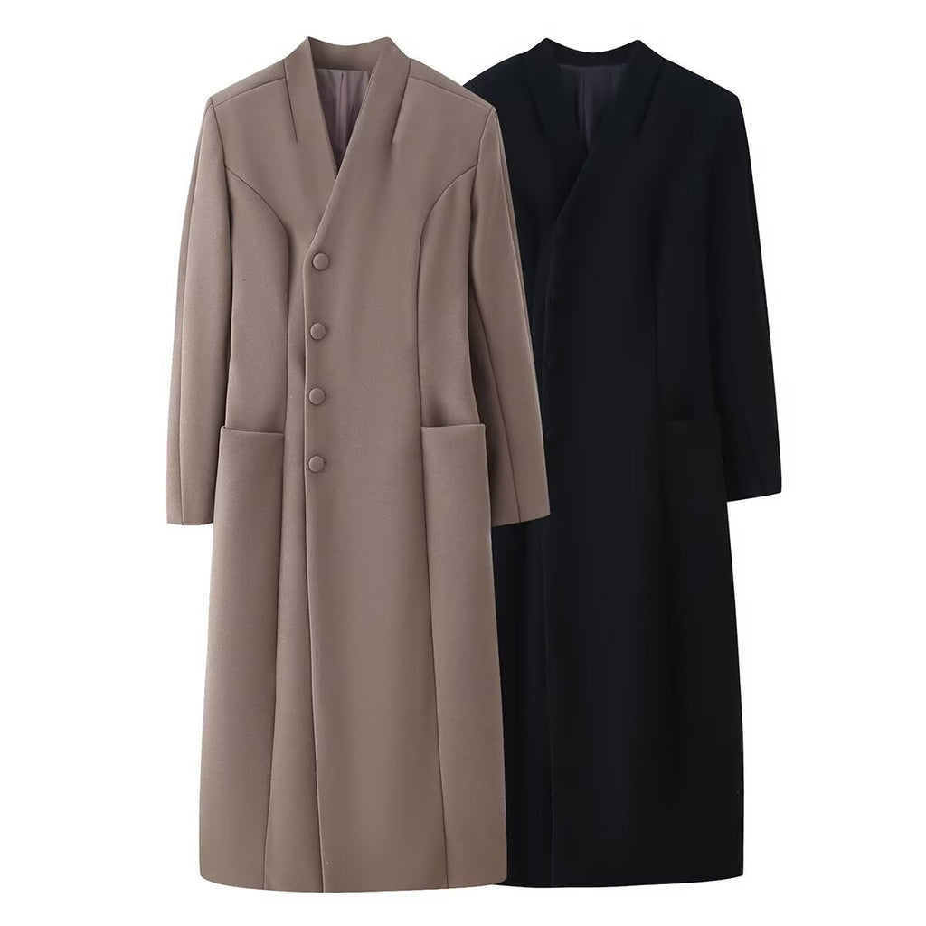 Women's Elegant Wool Look Maxi Coat with Concealed Button Placket and Patch Pockets Fashion Glam