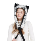 Ladies hooded stole made of luxurious faux fur with long scarf tails and pompom ends Fashion Glam