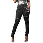 Women High-Waist Skinny Jeans with decorative zippers, patch pockets and belt decor Fashion Glam