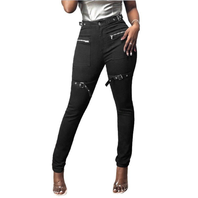 Women High-Waist Skinny Jeans with decorative zippers, patch pockets and belt decor Fashion Glam