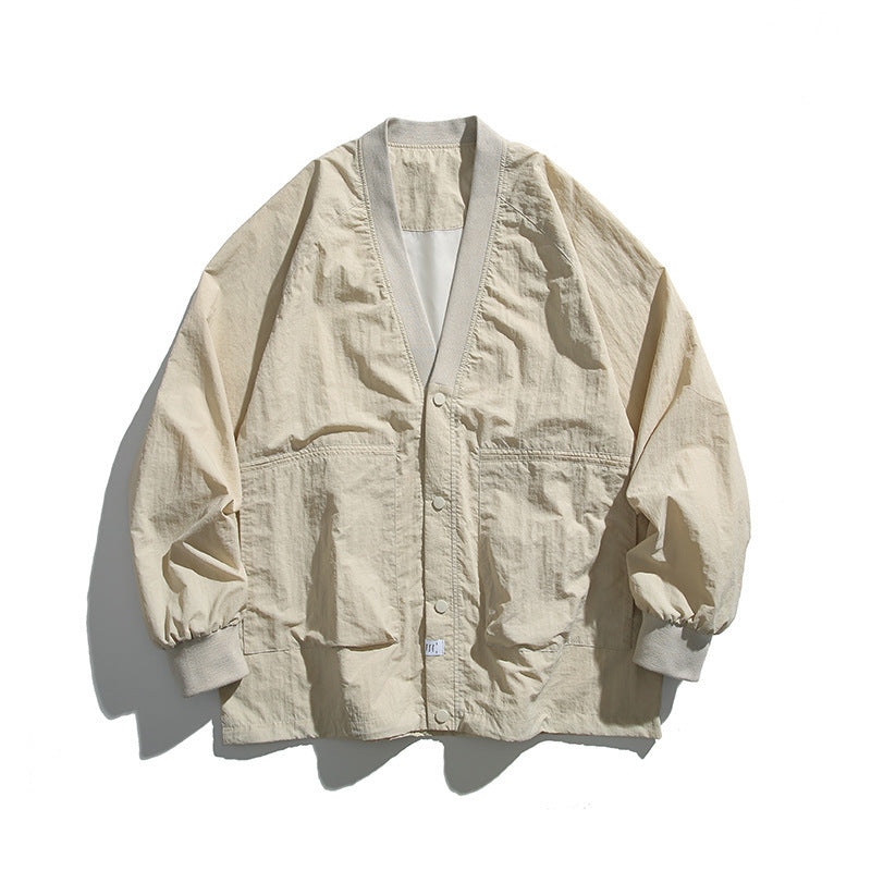 Unisex Oversized Lightweight Transitional Jacket with V-Neck and Snap Button Placket Fashion Glam