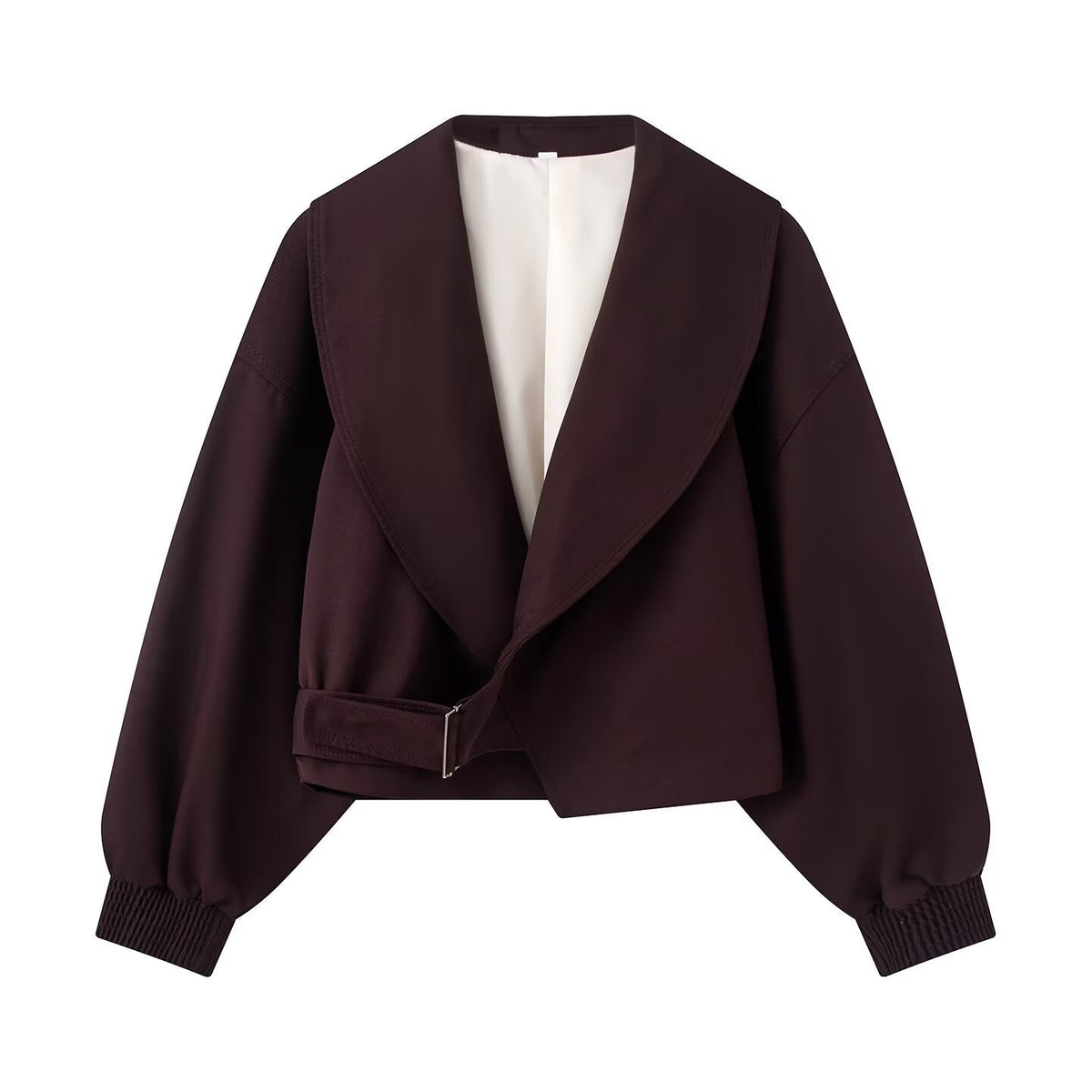 Women's short jacket with wide shawl collar, tailored tie belt and balloon sleeves Fashion Glam