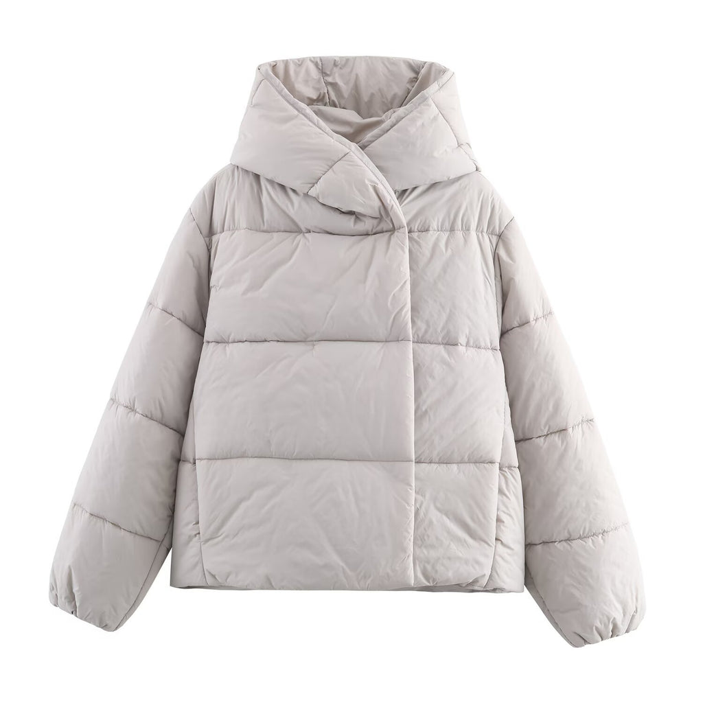 Women short cut oversized quilted jacket with high wrap collar and padded lining Fashion Glam