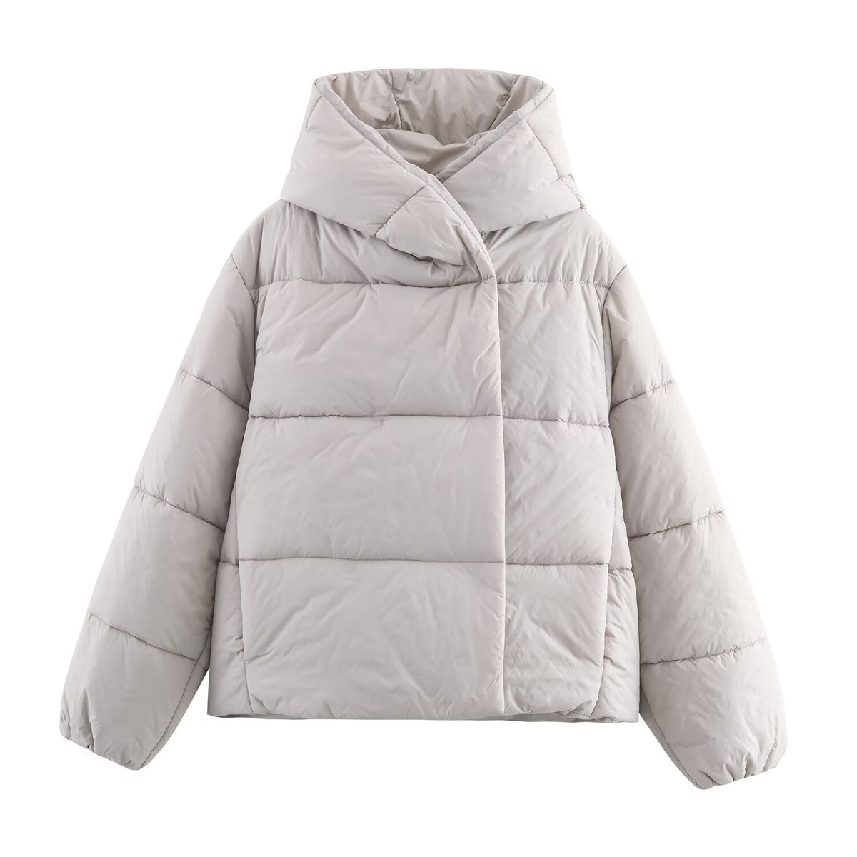 Women short cut oversized quilted jacket with high wrap collar and padded lining Fashion Glam