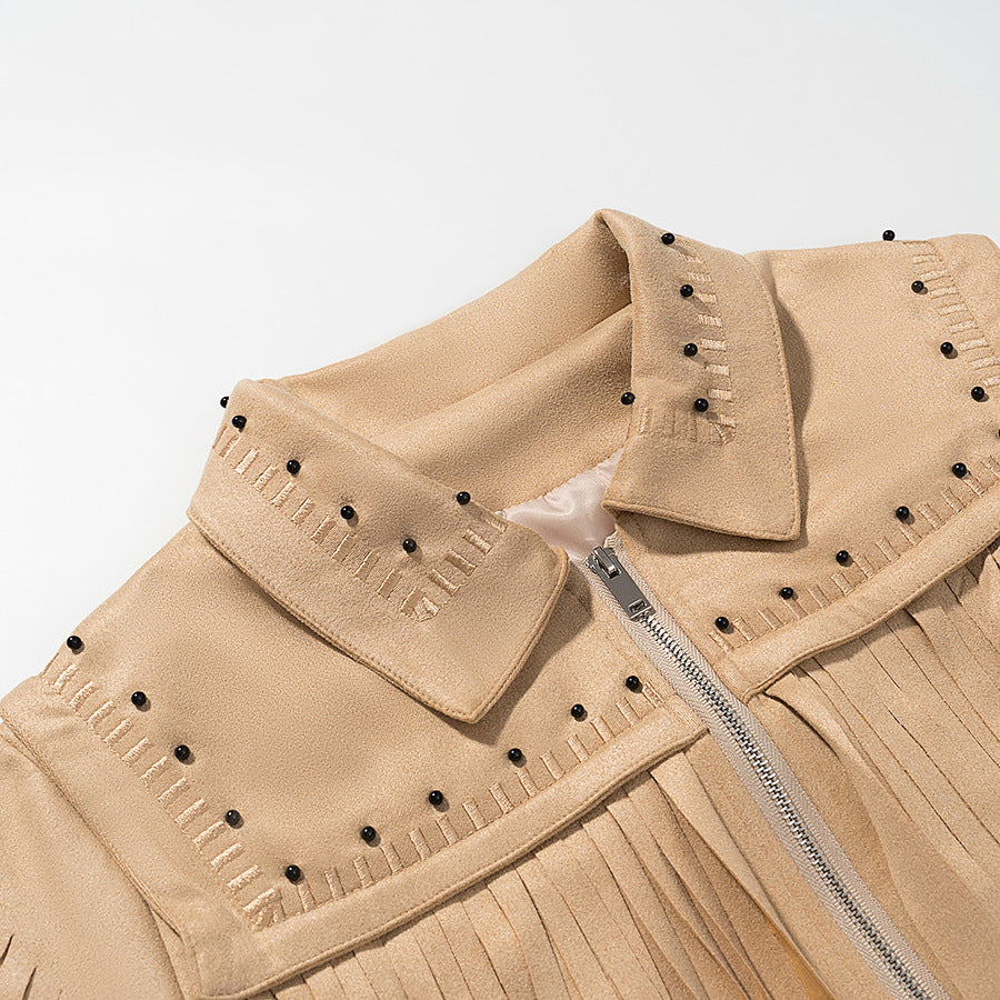 Women's short fringed jacket made of suede look with zipper and studded embellishment Fashion Glam