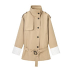 Women's Short Trench Coat with Stand Collar, Waist Belt and Contrast Cuffs Fashion Glam