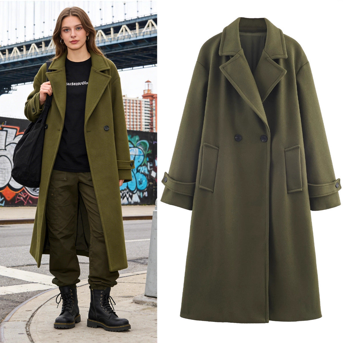 Women Oversized Wool Blend Coat with Double-Breasted Closure, Wide Lapels and Sleeve Tabs Fashion Glam