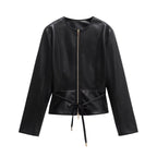 Women's Collarless Faux Leather Jacket with Zipper and Waistband Fashion Glam
