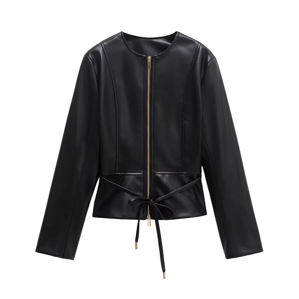 Women's Collarless Faux Leather Jacket with Zipper and Waistband Fashion Glam