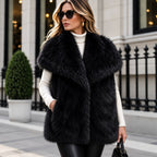 Women's Sleeveless Luxury Faux Fur Vest with Extra Soft Long Pile and Oversized Shawl Collar Fashion Glam