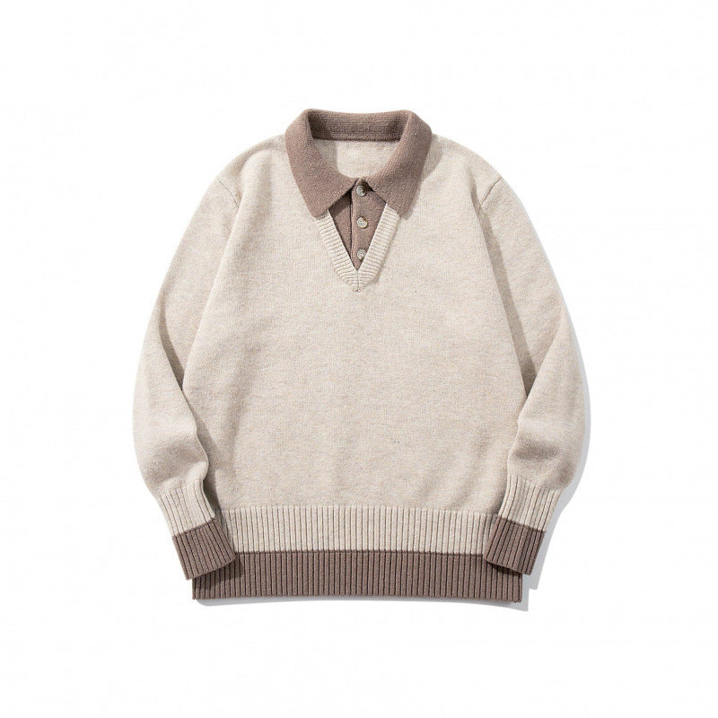 Men's Oversized Fine Knit Polo with Contrast Trim Shirt Collar and Ribbed Cuffs Fashion Glam