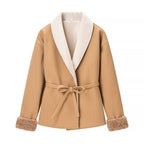 Women's short jacket with wrap belt, wide shawl collar and faux fur cuffs Fashion Glam