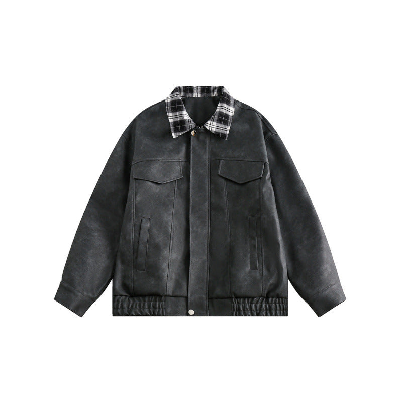 Men's suede look bomber jacket with checked shirt collar, flap pockets, and elastic hem Fashion Glam