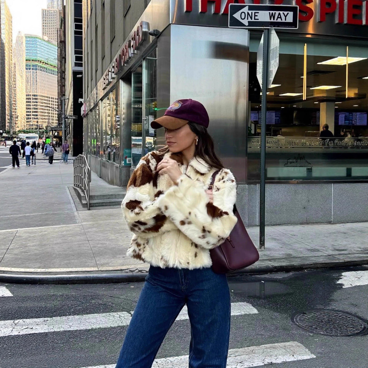 Women's Short Cropped Faux Fur Jacket with Stand-Up Collar and Spot Pattern Fashion Glam