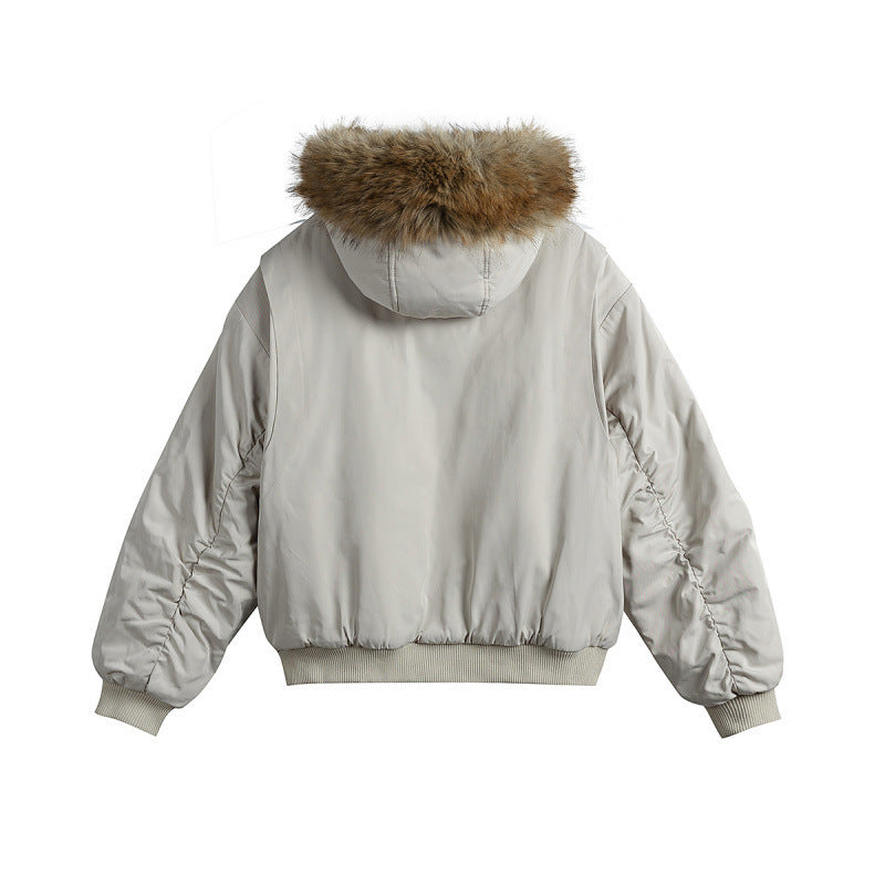 Women's short insulated field bomber jacket with hood and removable faux fur trim Fashion Glam