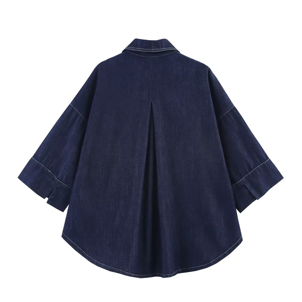 Women's Oversized Denim Shirt Jacket with Three-Quarter Sleeves and High-Low Hem Fashion Glam
