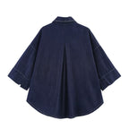 Women's Oversized Denim Shirt Jacket with Three-Quarter Sleeves and High-Low Hem Fashion Glam