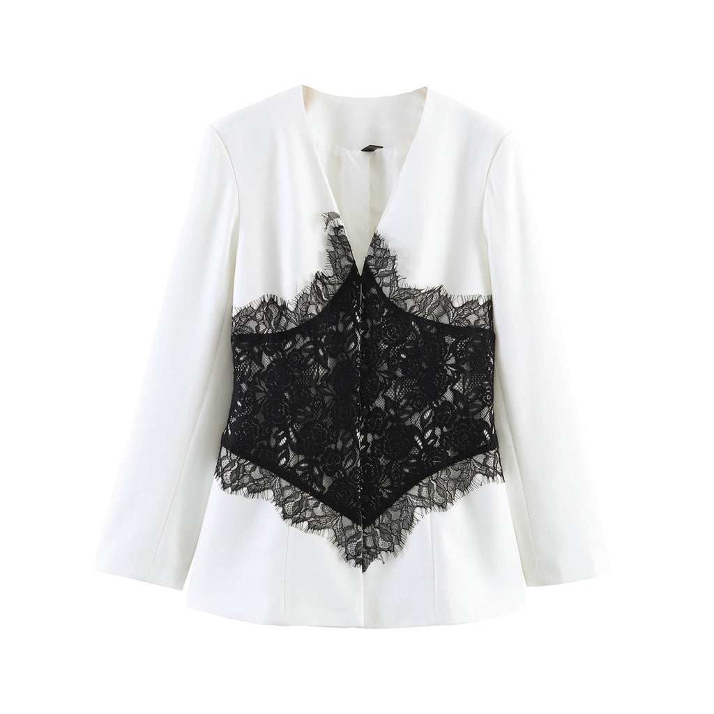 Women Tailored Blazer with V-Neck and Contrasting Lace Fashion Glam