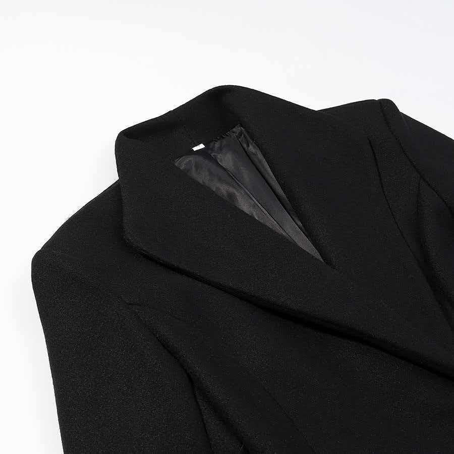 Women Tailored Long Coat with distinctive shoulder pads and asymmetric lapel Fashion Glam