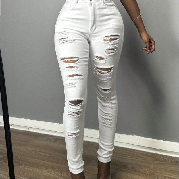 Women's High-Waisted Skinny Jeans with Asymmetrical Destruction Look and Shaping Waistband Fashion Glam
