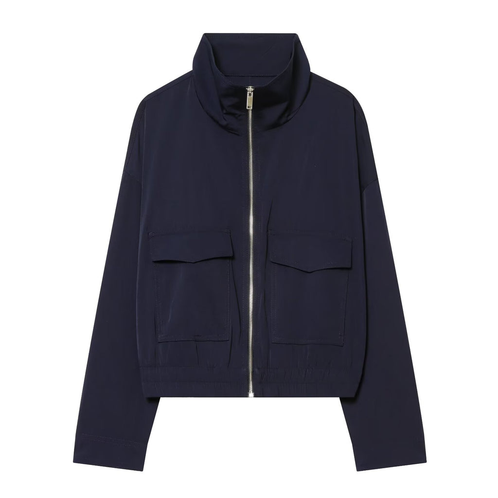 Women's Short Bomber Jacket with Stand-Up Collar, Zipper and Chest Flap Pockets Fashion Glam