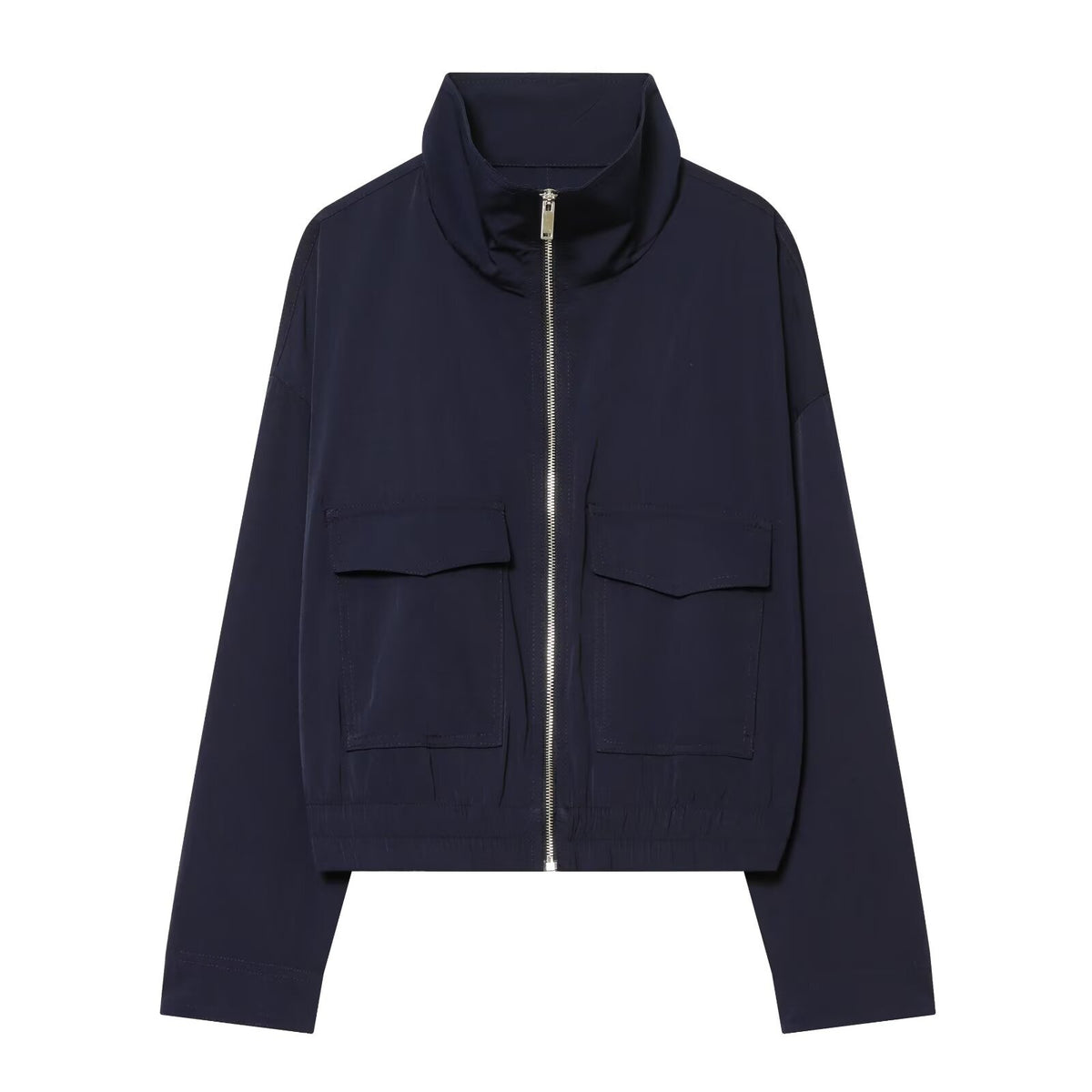 Women's Short Bomber Jacket with Stand-Up Collar, Zipper and Chest Flap Pockets Fashion Glam