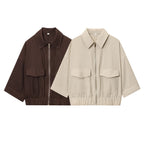 Women's Cropped Oversized Blouson Jacket with Large Flap Pockets, Full-Length Zipper and Elastic Hem Fashion Glam