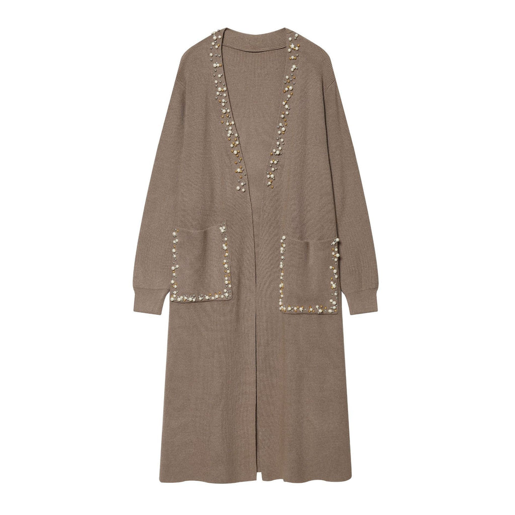 Women's long knit cardigan with bead embellishment and patch pockets Fashion Glam