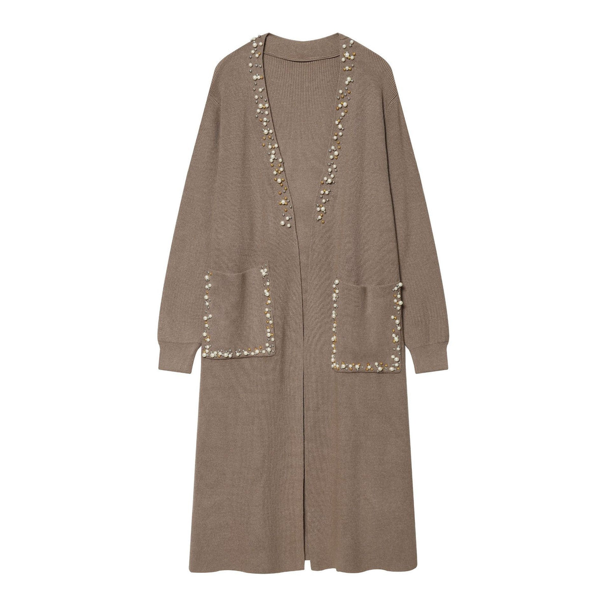 Women's long knit cardigan with bead embellishment and patch pockets Fashion Glam