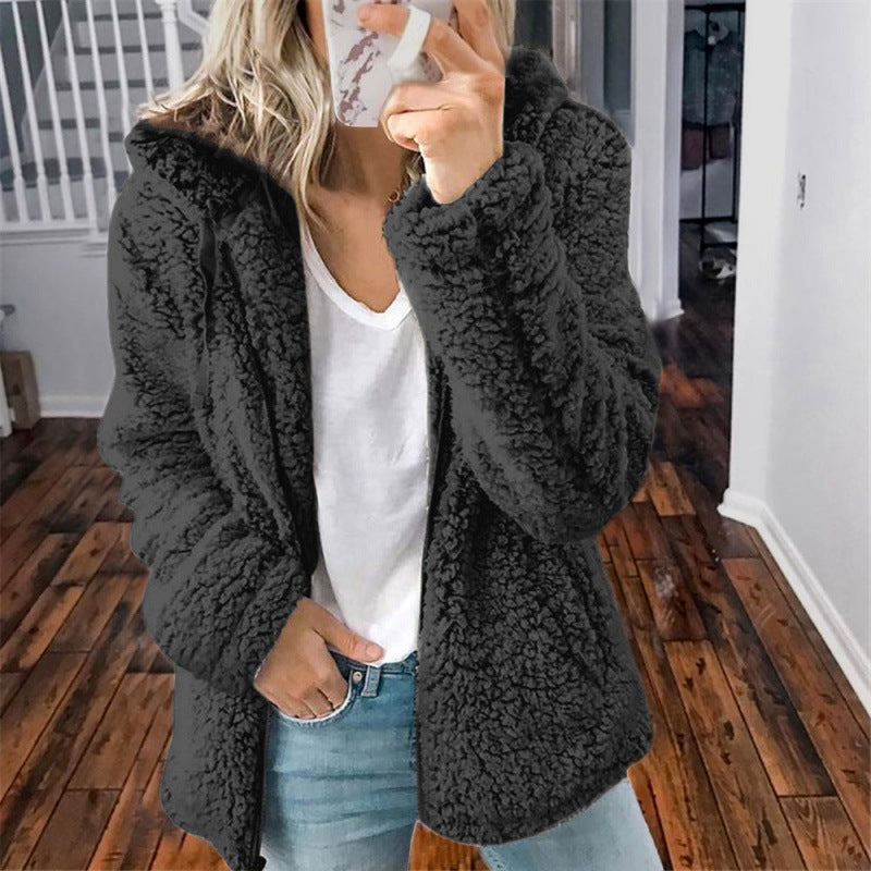 Women's fleece teddy jacket with hood, oversized cut and zipper Fashion Glam