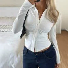 Women Tailored Buttonable Ruffle Top with V-Neck and Figure-Shaping Gather Fashion Glam