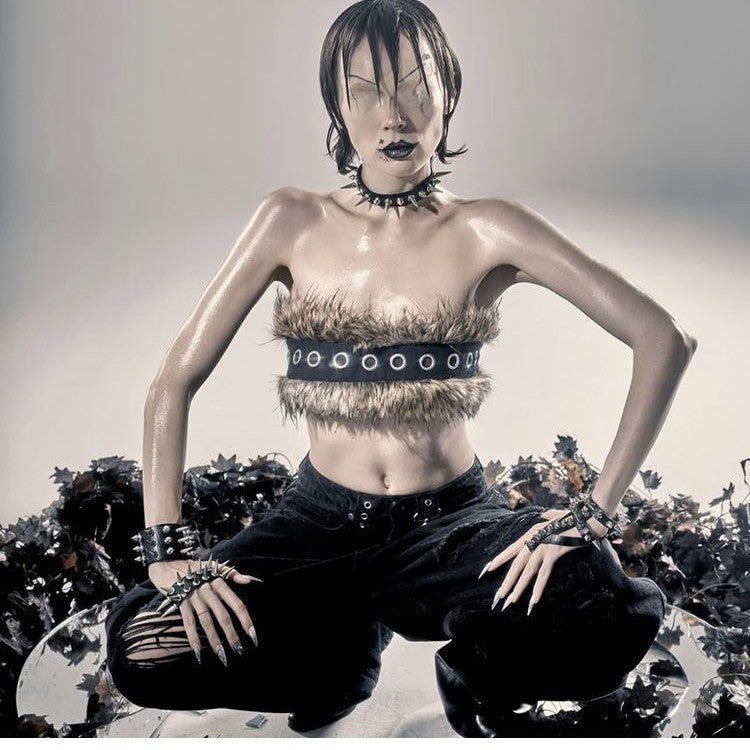Women Cropped Bandeau Top with Faux Fur Trim, Grommet Leather Strap and Gothic-Punk Details Fashion Glam