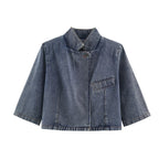 Women's Cropped Jeans Jacket in Boxy Cut with Stand-Up Collar and Three-Quarter Sleeves Fashion Glam