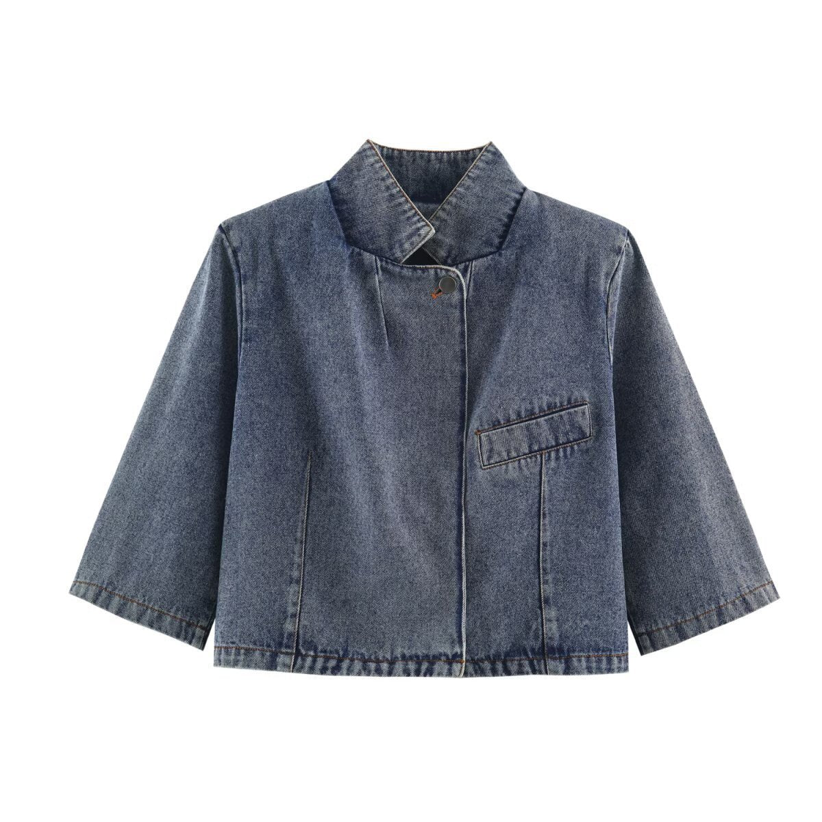 Women's Cropped Jeans Jacket in Boxy Cut with Stand-Up Collar and Three-Quarter Sleeves Fashion Glam