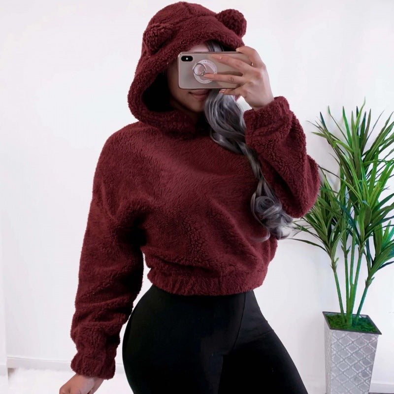 Women's Short Hooded Sherpa Pullover with Kangaroo Pocket and Elastic Hem Fashion Glam