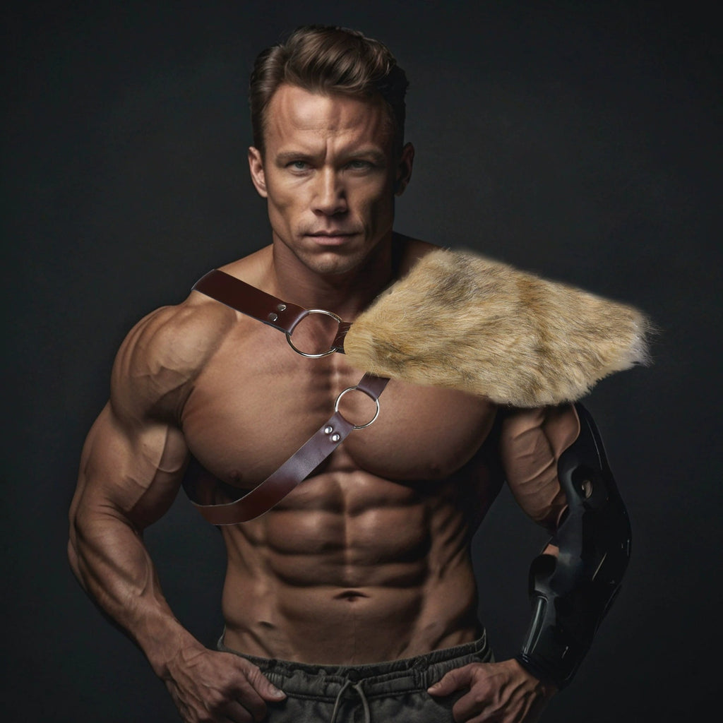 Men's decorative leather chest harness with removable faux fur shoulder pads Fashion Glam