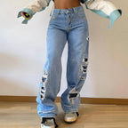 Ladies wide Destroyed jeans with side cutouts and contrasting underlays Fashion Glam