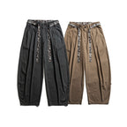 Men's Loose Highwaist Pleated Pants with Elastic Waistband and Printed Drawstring Fashion Glam