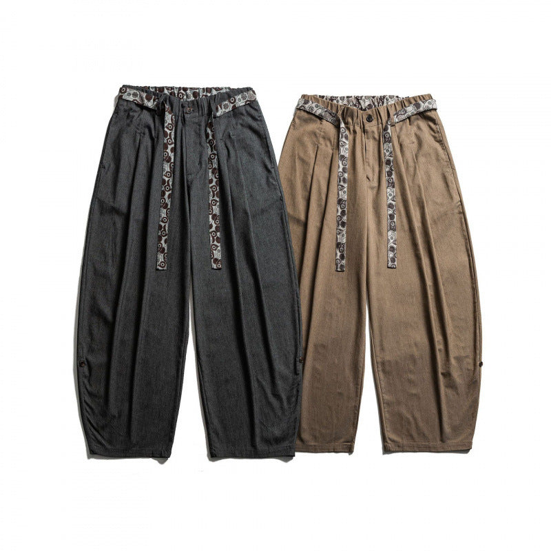 Men's Loose Highwaist Pleated Pants with Elastic Waistband and Printed Drawstring Fashion Glam