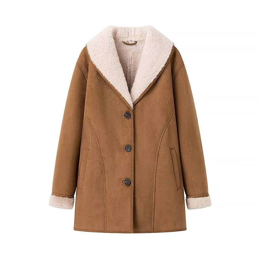 Women's midi coat made of lamb fur imitation with voluminous shawl collar and button closure Fashion Glam