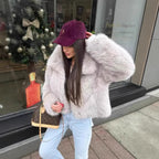 Women's Short-Cut Faux Fur Blouson with Voluminous Shawl Collar and Dense Pile Fashion Glam