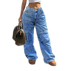 Women's High-Waisted Baggy Cargo Jeans in Utility Look with Oversized Flap Pockets Fashion Glam