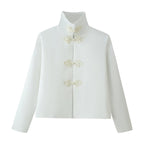 Women's short jacket with stand-up collar and decorative knot closures in Mandarin style Fashion Glam