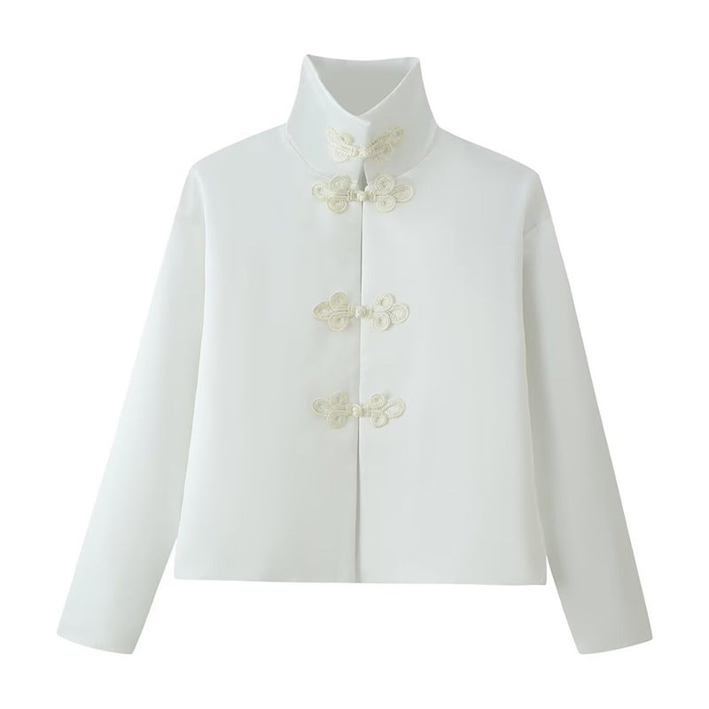 Women's short jacket with stand-up collar and decorative knot closures in Mandarin style Fashion Glam