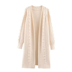 Women Longline Knit Cardigan with Pearl Trim and Ribbed Cuffs Fashion Glam