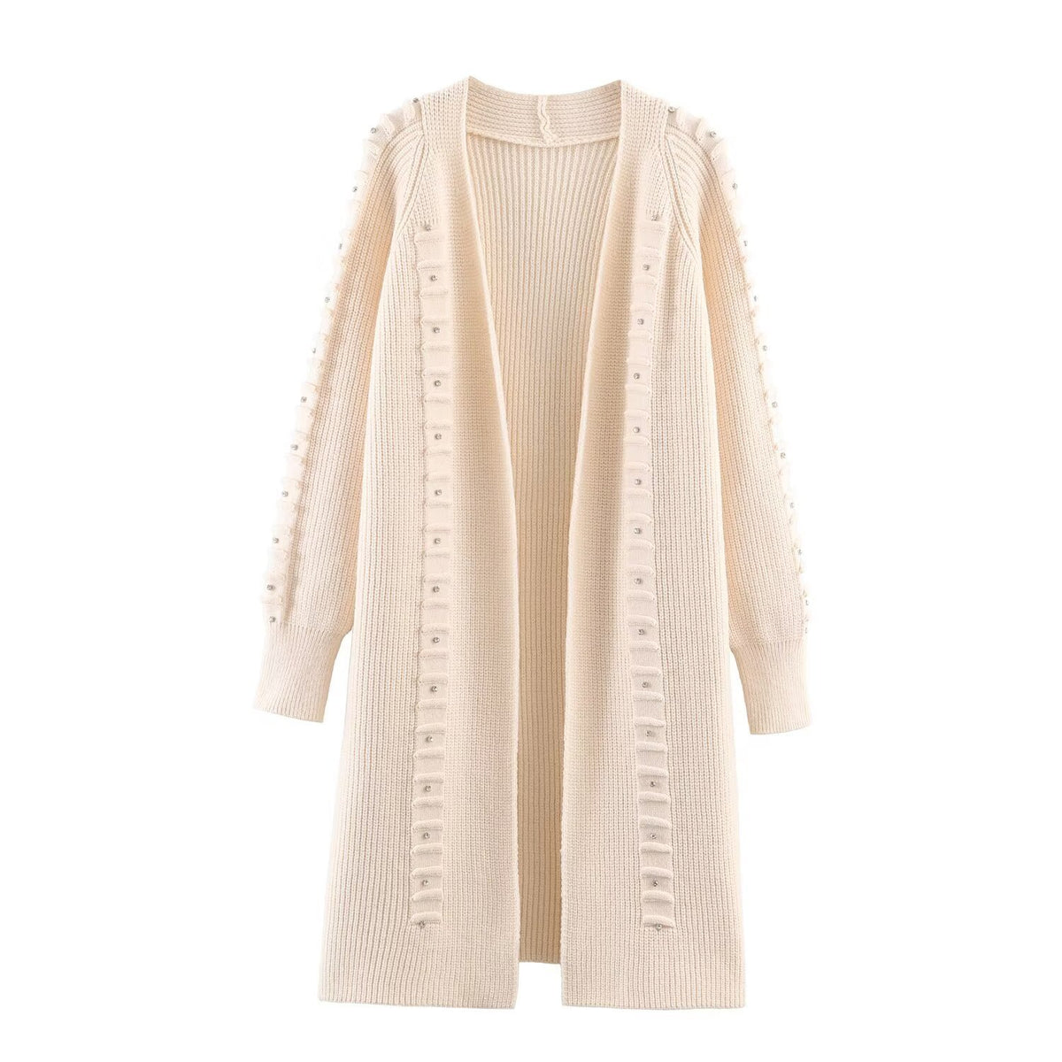 Women Longline Knit Cardigan with Pearl Trim and Ribbed Cuffs Fashion Glam